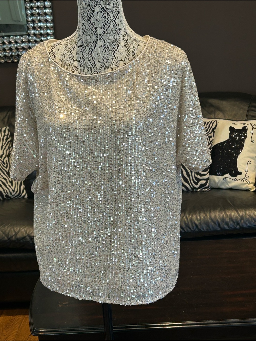Silver Sequin Short-Sleeve Scoop Neck Women’s Top